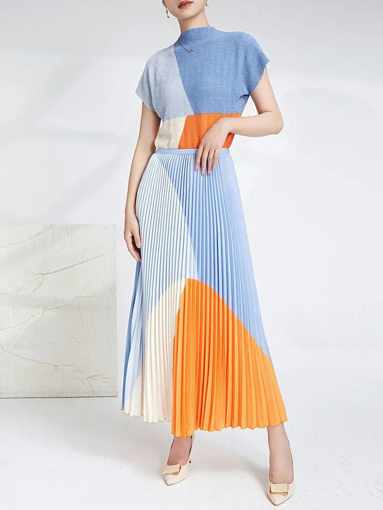 Contrast Color Pleated 2 Pieces Set For Women Slim Tops High Waist Fold Skirts Fashion Female Clothing eprolo
