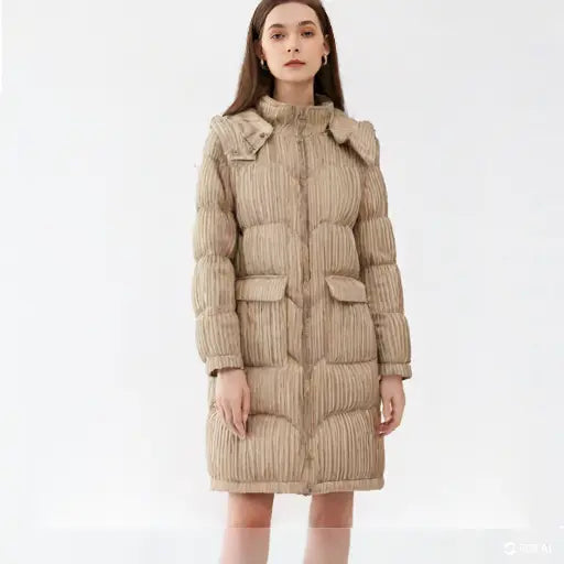 Women's Mid-Length Knee-Length Korean Style Hooded Down Jacket with White Duck Down Collar eprolo