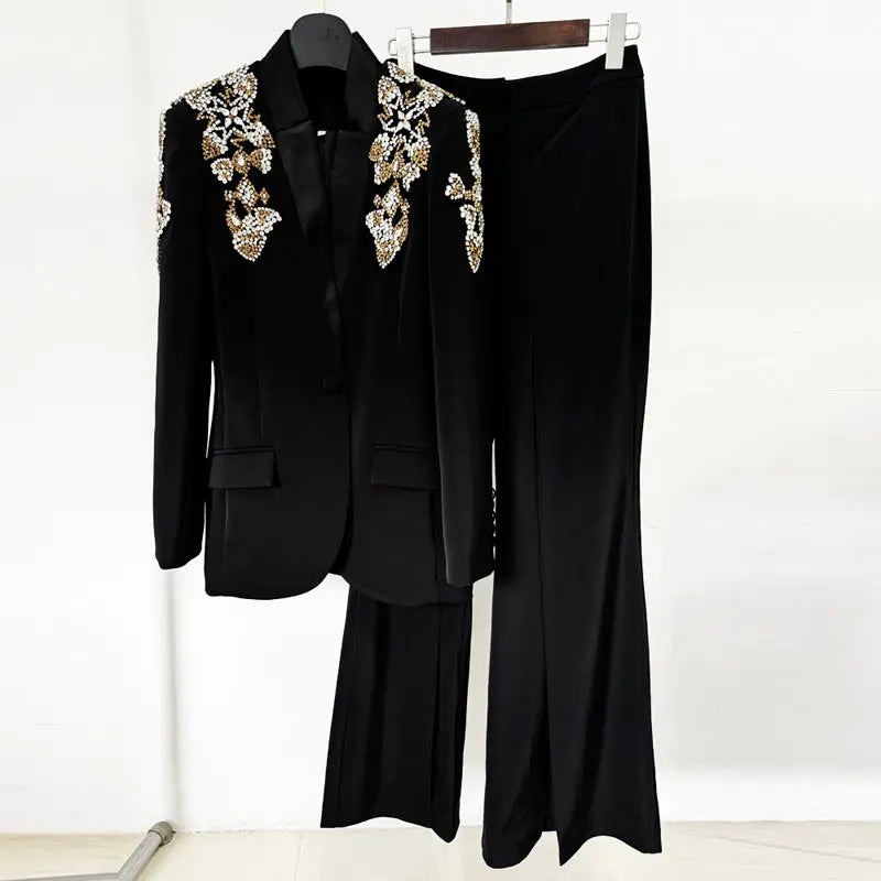 Fashion heavy industry diamond studded nail bead stand collar suit jacket with split pants set eprolo