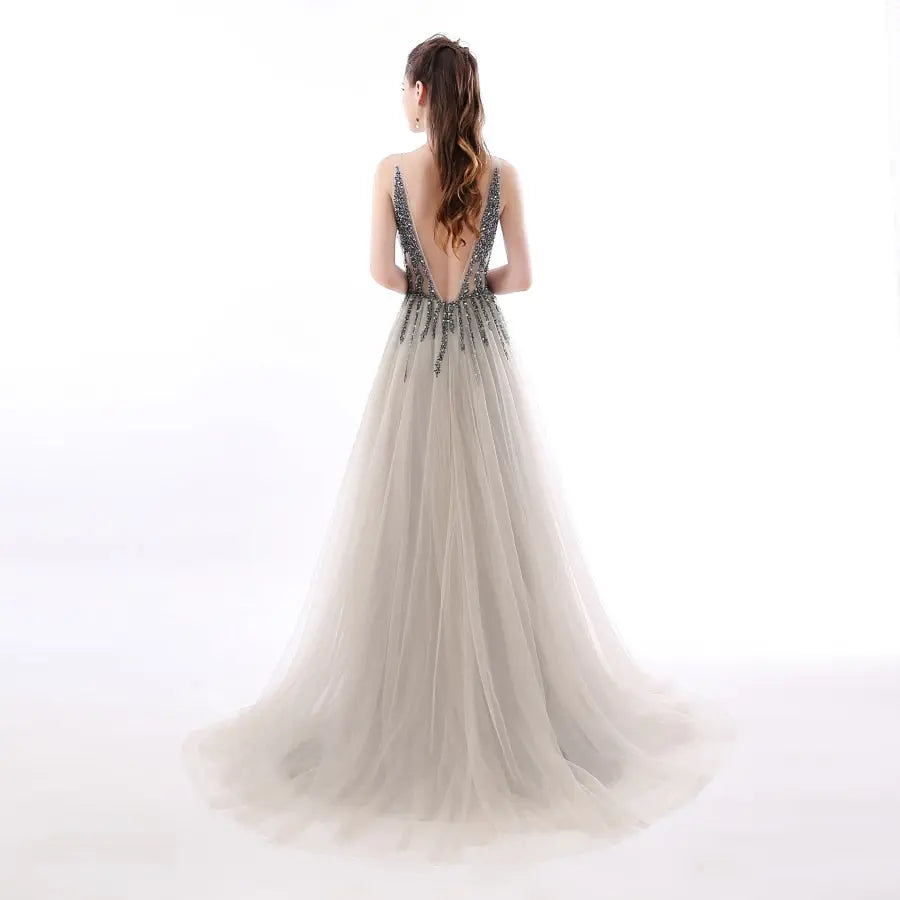 Sexy Side Split Prom Dresses  Deep V-Neck Backless Beads Crystal Party Gowns Sleeveless Sweep Train Cheap Tulle Party Dress eprolo
