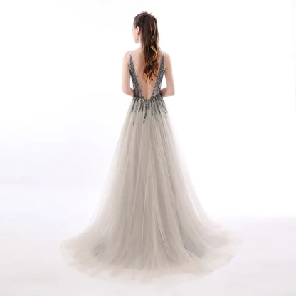 Sexy Side Split Prom Dresses  Deep V-Neck Backless Beads Crystal Party Gowns Sleeveless Sweep Train Cheap Tulle Party Dress eprolo