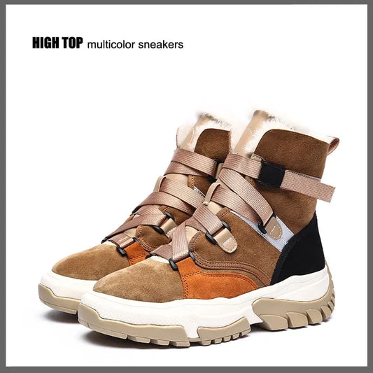 New High Top Multi Color Motorcycle Ankle Sneakers Suede Leather Casual Shoe Platform Wedge Comfortable Luxury Women Winter Boot eprolo