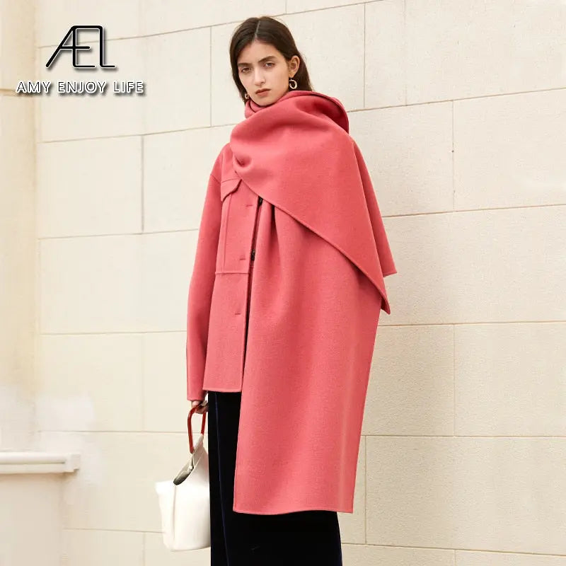 100% Wool Woolen Coat With Belt Spring Autumn Jacket For Women Solid With Scarf Warm Fashion Streetwear eprolo