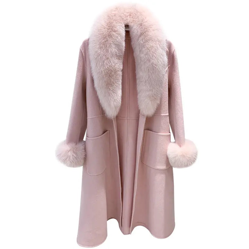 High Quality Women Winter Handmade Double Side 100% Woolen Real Fox Fur Collar Sleeve Long Warm Wool Coat eprolo