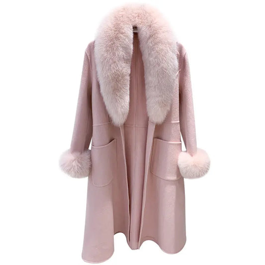 High Quality Women Winter Handmade Double Side 100% Woolen Real Fox Fur Collar Sleeve Long Warm Wool Coat eprolo