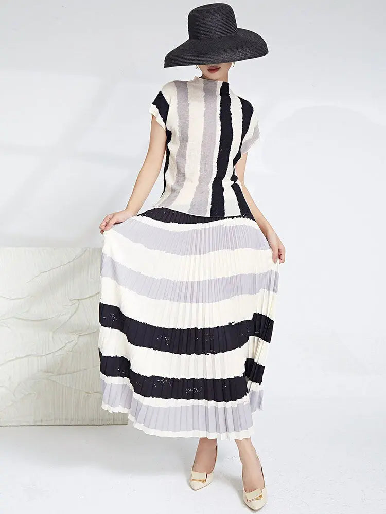 Elegant Pleated 2 Pieces Set Women's Printed Striped Turtleneck Short Sleeves Slim Tops High Waist Fold Skirts eprolo