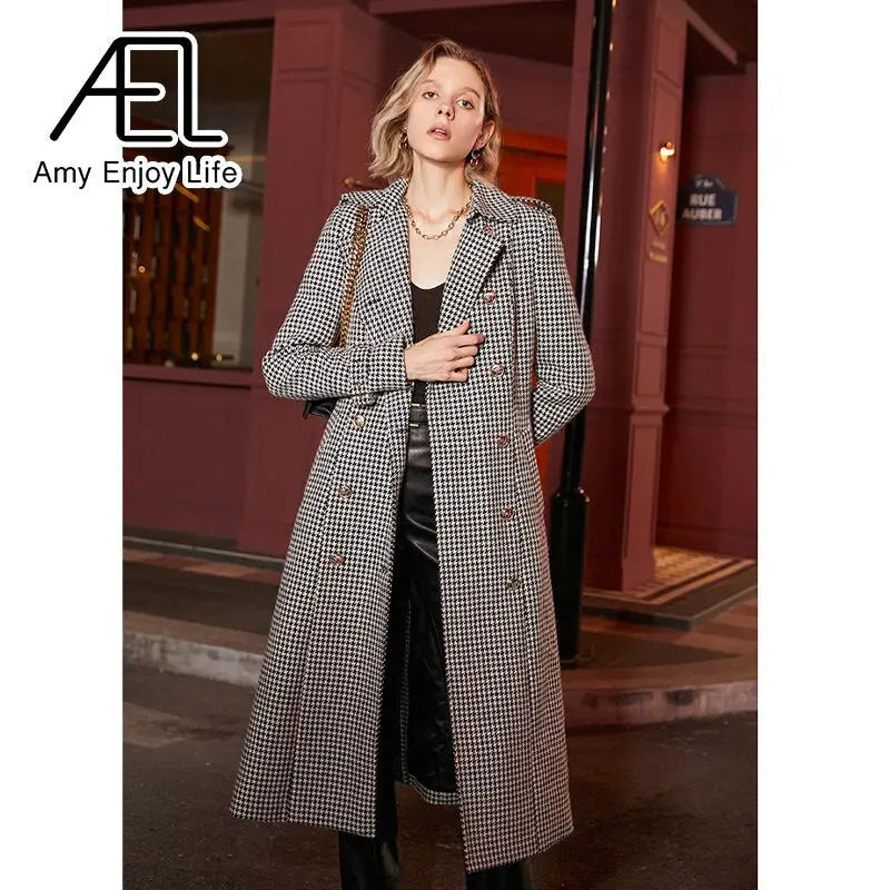 Winter Wool Long Coat Women Retro Houndstooth A-Line Trench Coats eprolo