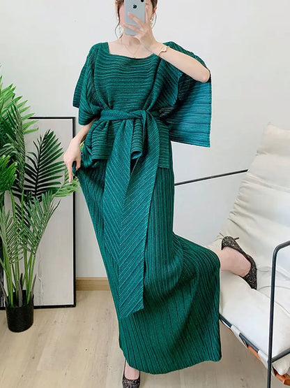Two Pieces Pleated Skirt Set For Women Batwing Sleeves Loose Top With Long Length Skirts Female Elegant Clothing eprolo