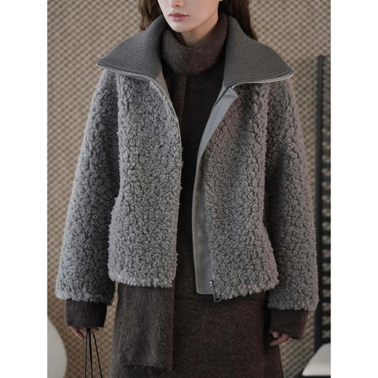 Winter New Korean Style Retro Lazy Fleece Stand Collar Half-Zip Lamb Wool Loose Warm Jacket for Women eprolo